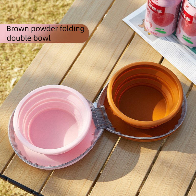 Brown and pink Portable Foldable Dual Bowl for Pets - Silicone Feeding and Water Dish with Compact Storage V888-ELOSUNG43975