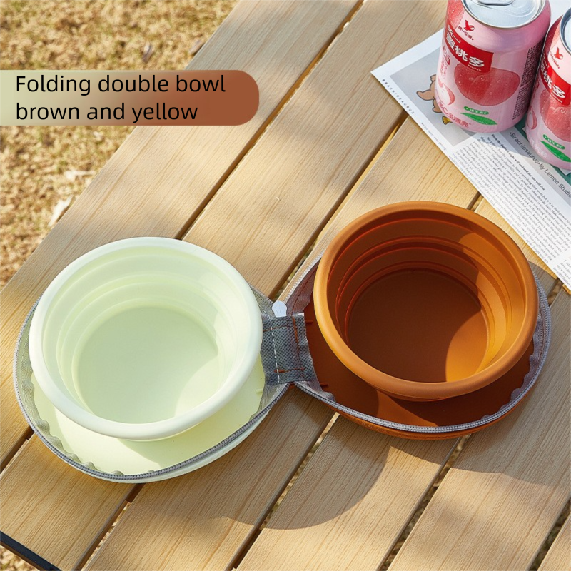 Brown and yellow Portable Foldable Dual Bowl for Pets - Silicone Feeding and Water Dish with Compact Storage V888-ELOSUNG43976