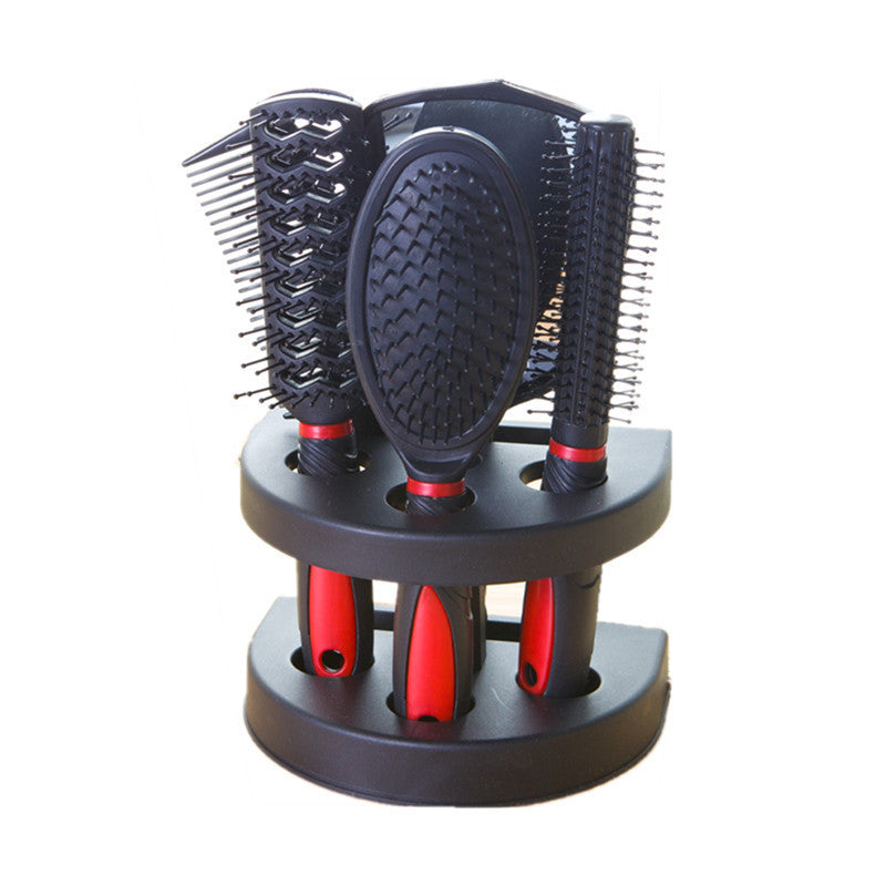 Red 5-Piece Hair Care Set with Rotating Stand - Includes Flat Comb, Styling Brush, Massage Comb, Round Brush, V888-ELOSUNG43992