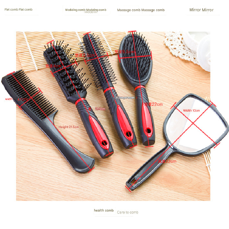 Red 5-Piece Hair Care Set with Rotating Stand - Includes Flat Comb, Styling Brush, Massage Comb, Round Brush, V888-ELOSUNG43992
