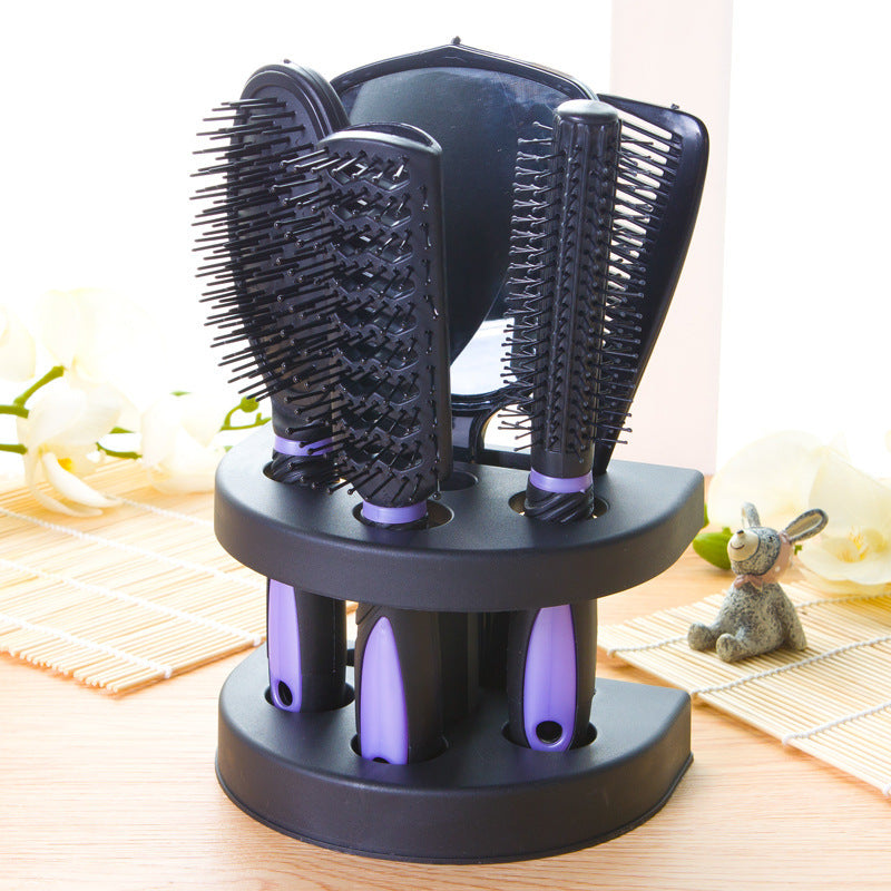 Purple 5-Piece Hair Care Set with Rotating Stand - Includes Flat Comb, Styling Brush, Massage Comb, Round V888-ELOSUNG43994