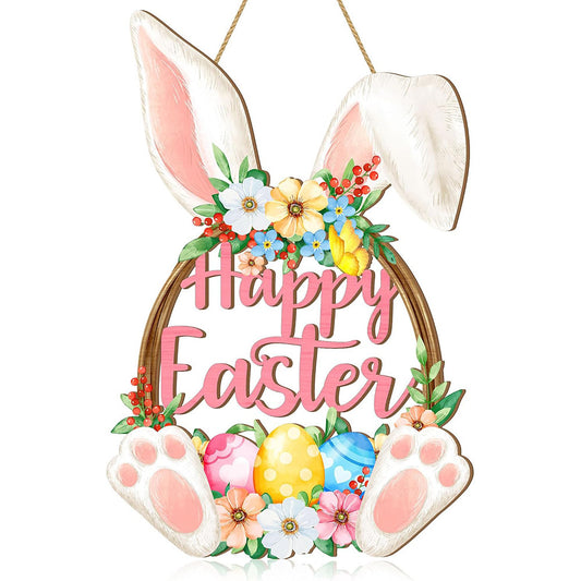 Happy Easter Wooden Wall Hanging Sign with Floral Design and Bunny Ears for Spring Home Decor Door Decoration V888-ELOSUNG43998