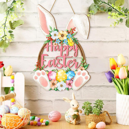 Happy Easter Wooden Wall Hanging Sign with Floral Design and Bunny Ears for Spring Home Decor Door Decoration V888-ELOSUNG43998