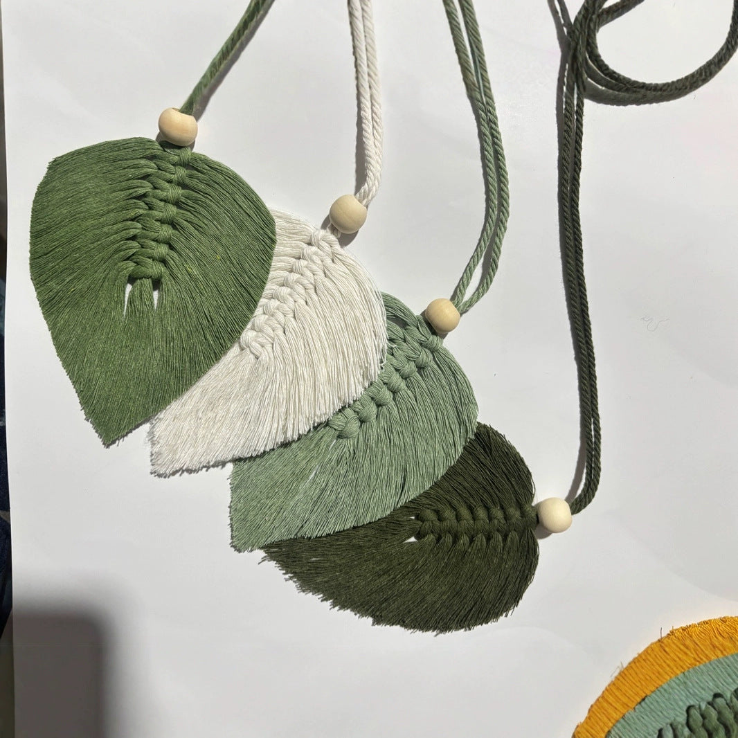 4 PCS Macrame Leaf Wall Hanging Set Handmade Cotton Boho Feather Ornaments Green & Beige for Nursery Home V888-ELOSUNG44010