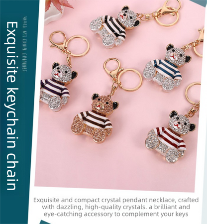 Peach Stripe Crystal Bear Keychain Sparkly Rhinestone Bag Charm Cute Alloy Keyring Gift V888-ELOSUNG44061