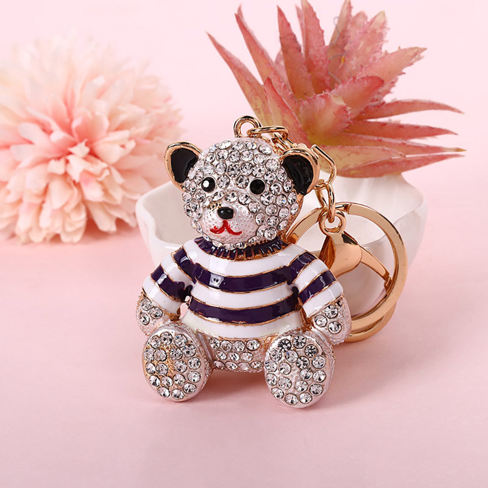 Purple Stripe Crystal Bear Keychain Sparkly Rhinestone Bag Charm Cute Alloy Keyring Gift V888-ELOSUNG44062