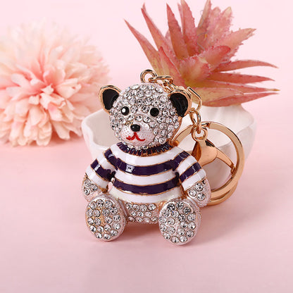 Purple Stripe Crystal Bear Keychain Sparkly Rhinestone Bag Charm Cute Alloy Keyring Gift V888-ELOSUNG44062
