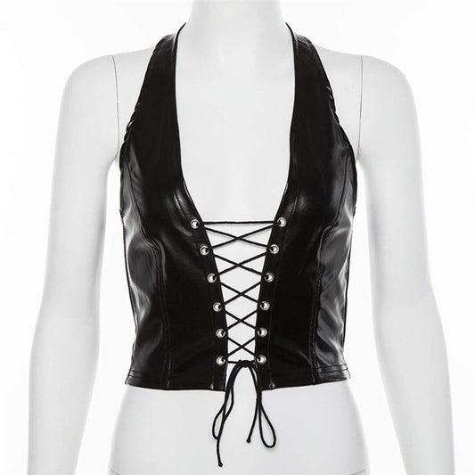 Women's Faux Leather Halter Crop Top Sexy Lace Up Deep V Camisole Gothic Punk Rave Festival Clubwear (Black, V888-ELOSUNG44125