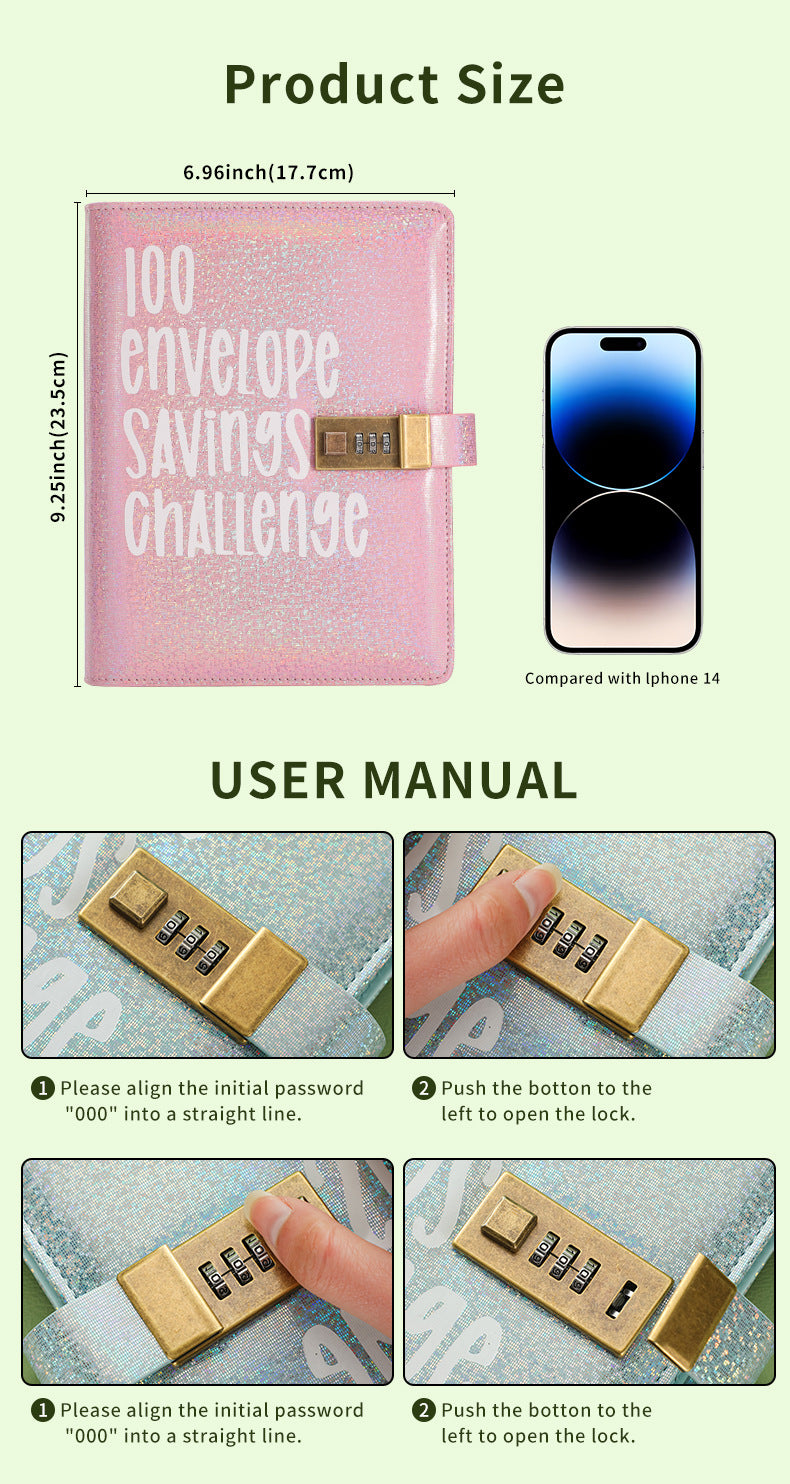 100 Envelope Savings Challenge Binder with Password Lock A5 Cash Stuffing Budget Planner Book Money Organizer V888-ELOSUNG44130