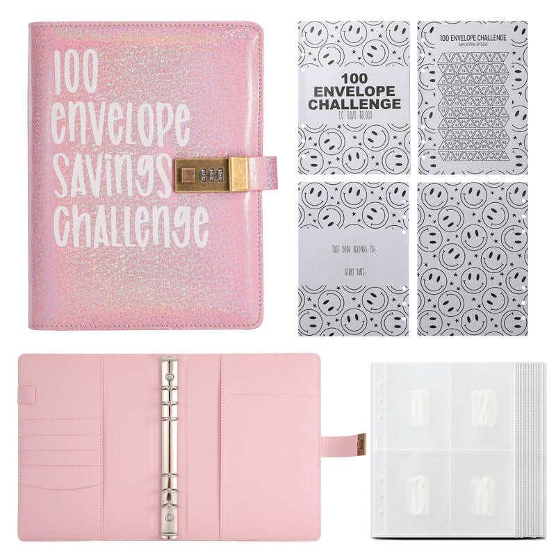 100 Envelope Savings Challenge Binder with Password Lock Holographic Pink A5 Cash Stuffing Budget Planner V888-ELOSUNG44131