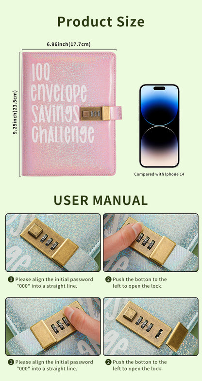 100 Envelope Savings Challenge Binder with Password Lock Holographic Pink A5 Cash Stuffing Budget Planner V888-ELOSUNG44131