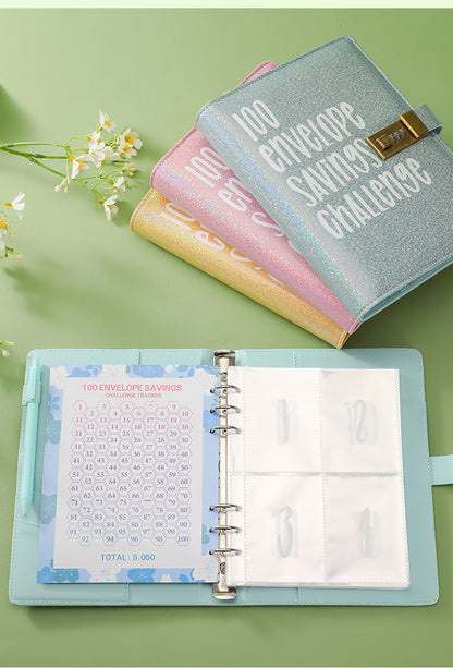 100 Envelope Savings Challenge Binder with Password Lock Holographic Pink A5 Cash Stuffing Budget Planner V888-ELOSUNG44131