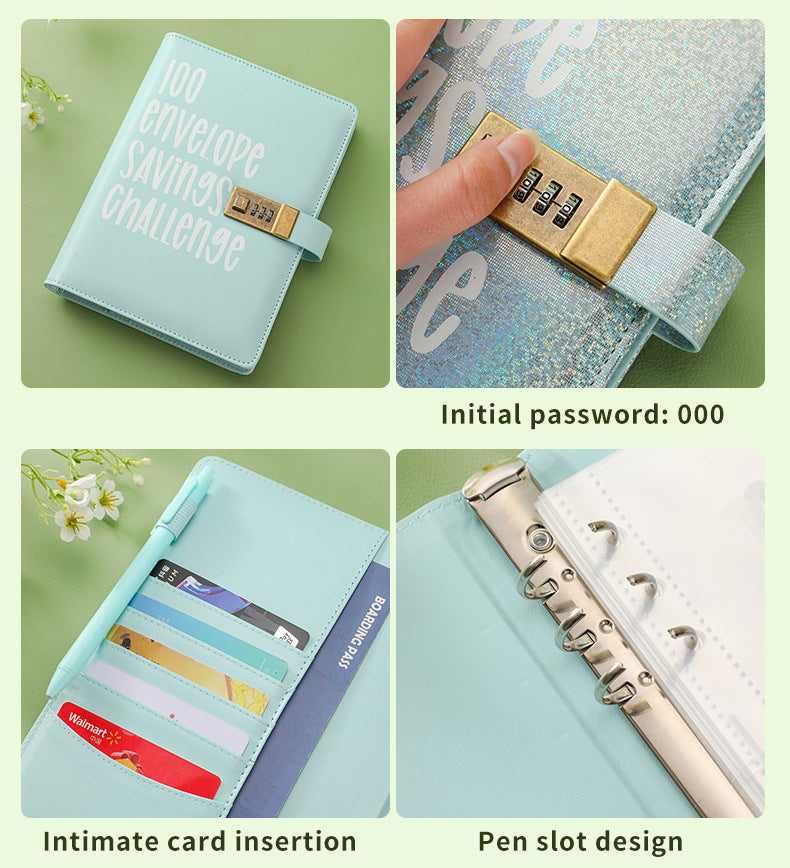 100 Envelope Savings Challenge Binder with Password Lock Holographic Yellow A5 Cash Stuffing Budget Planner V888-ELOSUNG44132