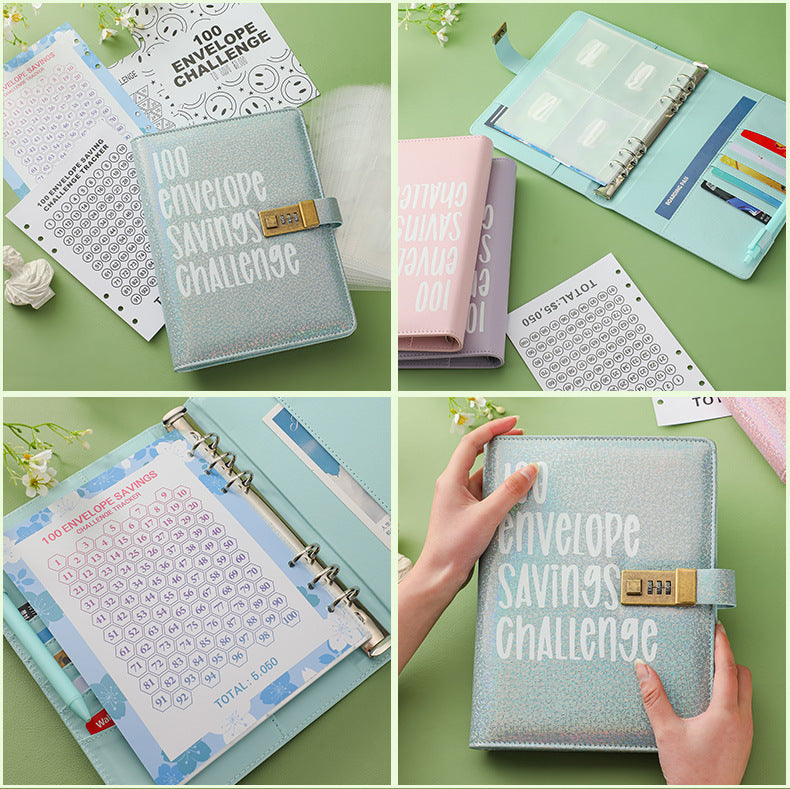 100 Envelope Savings Challenge Binder with Password Lock Holographic Yellow A5 Cash Stuffing Budget Planner V888-ELOSUNG44132