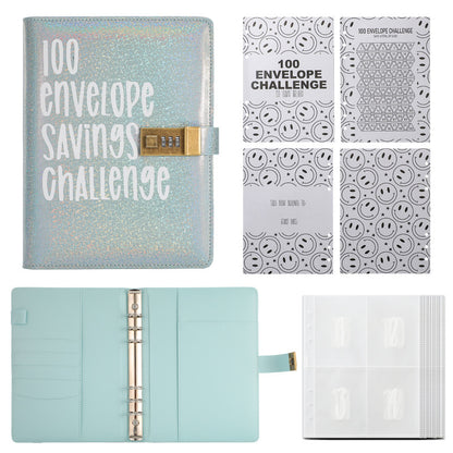 100 Envelope Savings Challenge Binder with Password Lock Holographic Blue A5 Cash Stuffing Budget Planner V888-ELOSUNG44133