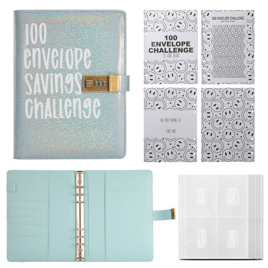 100 Envelope Savings Challenge Binder with Password Lock Holographic Blue A5 Cash Stuffing Budget Planner V888-ELOSUNG44133