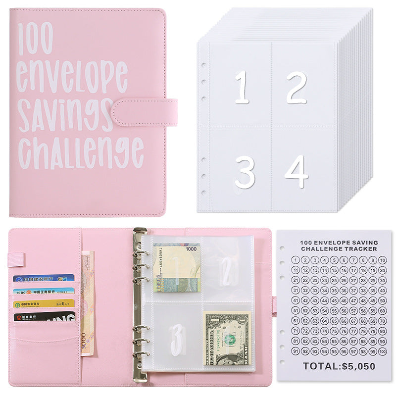 100 Envelope Savings Challenge Binder A5 Budget Planner Book PU Leather Cash Stuffing Money Organiser with V888-ELOSUNG44139