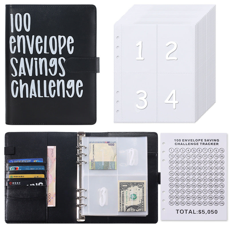100 Envelope Savings Challenge Binder A5 Budget Planner Book PU Leather Cash Stuffing Money Organiser with V888-ELOSUNG44140