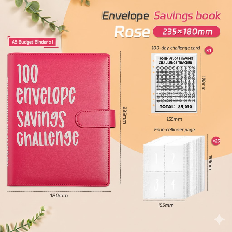 100 Envelope Savings Challenge Binder A5 Budget Planner Book PU Leather Cash Stuffing Money Organiser with V888-ELOSUNG44142