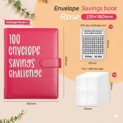 100 Envelope Savings Challenge Binder A5 Budget Planner Book PU Leather Cash Stuffing Money Organiser with V888-ELOSUNG44142