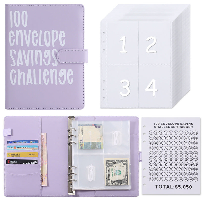 100 Envelope Savings Challenge Binder A5 Budget Planner Book PU Leather Cash Stuffing Money Organiser with V888-ELOSUNG44143