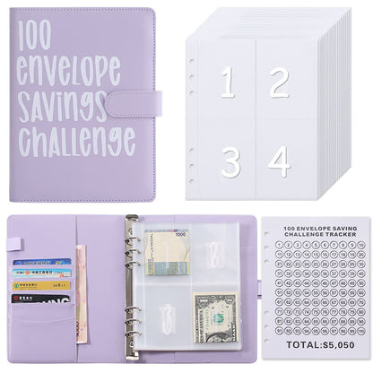 100 Envelope Savings Challenge Binder A5 Budget Planner Book PU Leather Cash Stuffing Money Organiser with V888-ELOSUNG44143