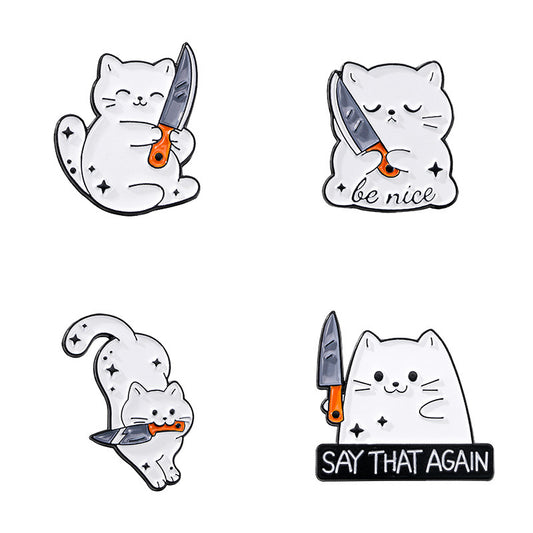 4 PCS Funny White Cat with Knife Enamel Pins Set Cute Cartoon Lapel Badge Brooch for Backpacks Denim Jackets V888-ELOSUNG44208