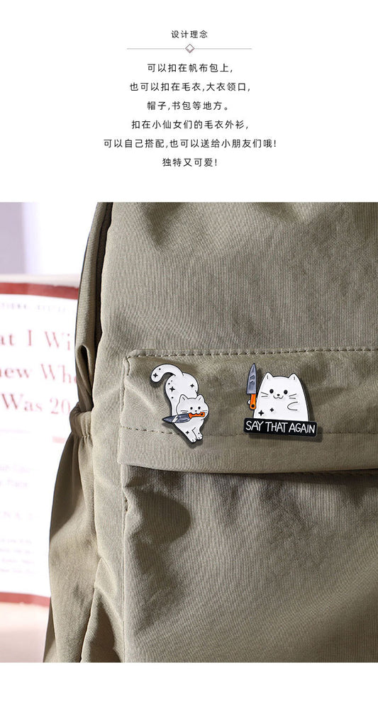 4 PCS Funny White Cat with Knife Enamel Pins Set Cute Cartoon Lapel Badge Brooch for Backpacks Denim Jackets V888-ELOSUNG44208