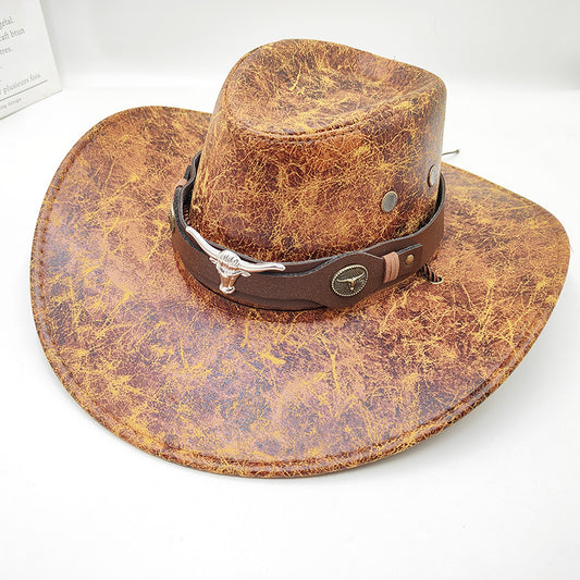 Retro Western Cowboy Hat Khaki Distressed Crackle Finish Bull Head Emblem Wide Brim Sun Protection Outback V888-ELOSUNG44211