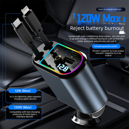 120W 4-in-1 Retractable Car Charger Adapter Fast Charging Dual Cables Type-C & Lightning LED Voltage Display V888-ELOSUNG44257