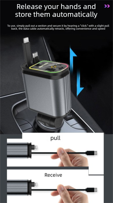 4-in-1 Retractable Car Charger Adapter 120W Max Fast Charging Dual Cables Type-C & Lightning Starry Sky V888-ELOSUNG44258