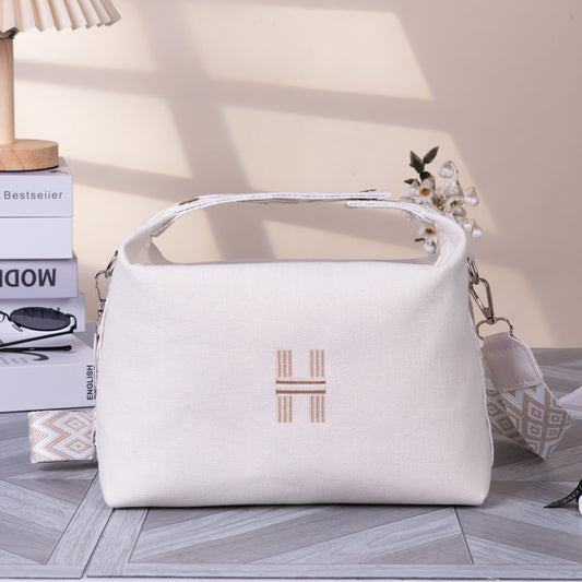 Women's Minimalist Canvas Crossbody Bag with Wide Beige Webbing Strap Casual Shoulder Handbag Large Capacity V888-ELOSUNG44286