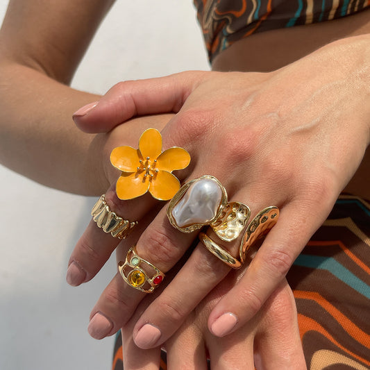 6-Piece Gold Chunky Stackable Ring Set Yellow Enamel Flower & Baroque Pearl - Adjustable Open Finger V888-ELOSUNG44309