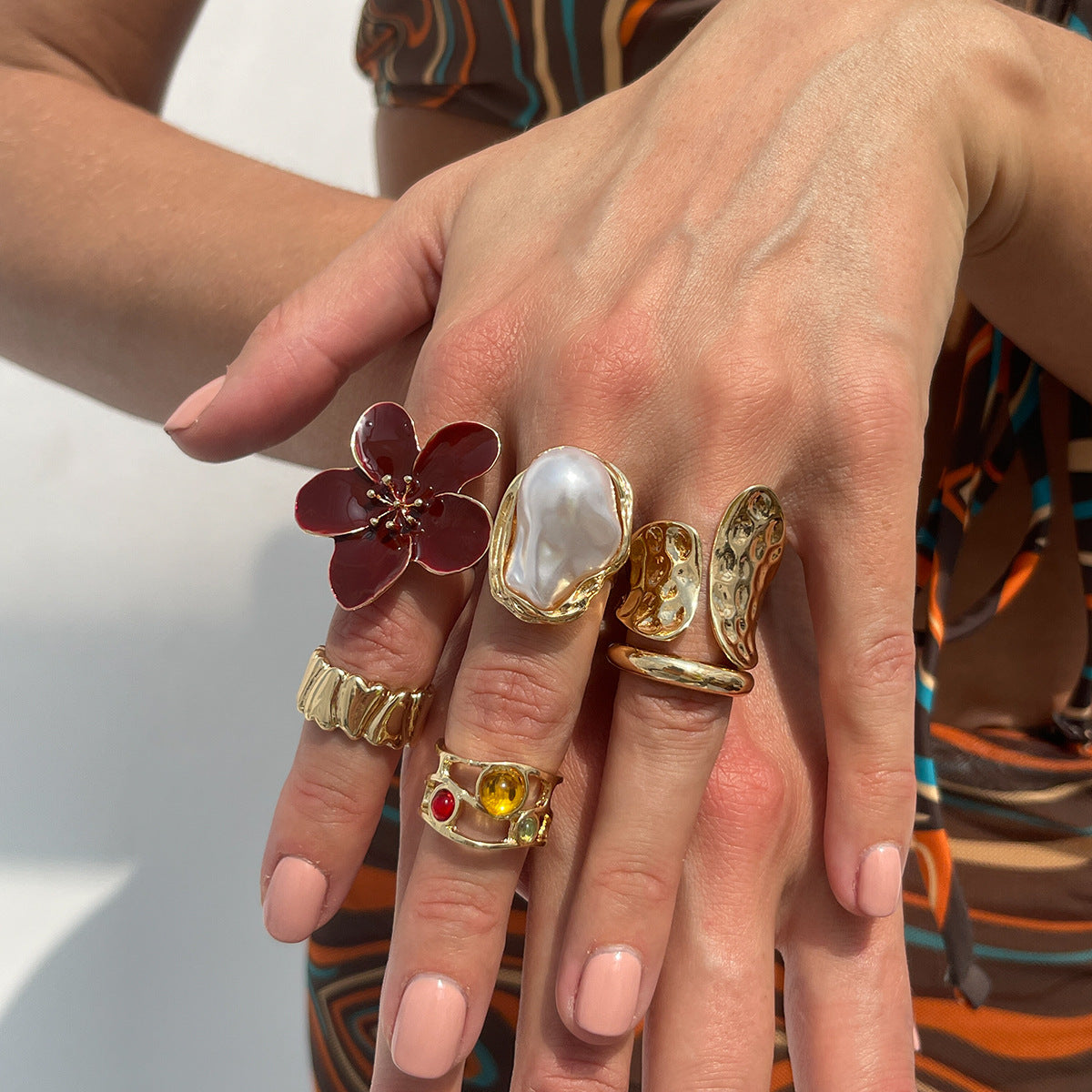 6-Piece Gold Chunky Stackable Ring Set Deep Red Enamel Flower & Baroque Pearl - Adjustable Open Finger V888-ELOSUNG44310