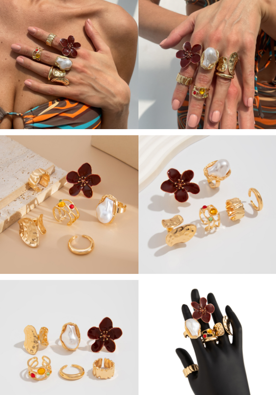 6-Piece Gold Chunky Stackable Ring Set Deep Red Enamel Flower & Baroque Pearl - Adjustable Open Finger V888-ELOSUNG44310