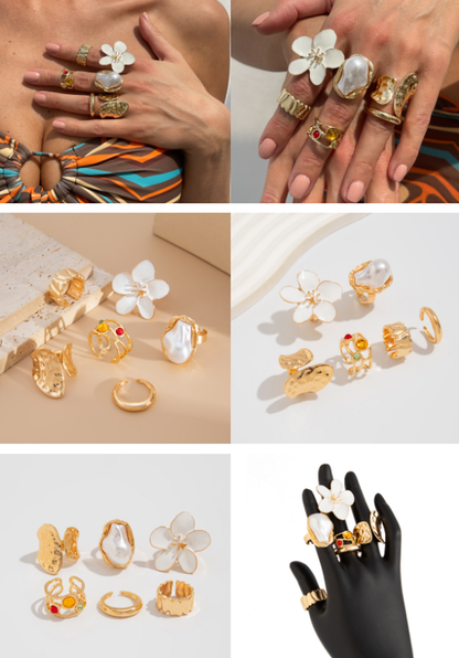 6-Piece Gold Chunky Stackable Ring Set Deep Red Enamel Flower & Baroque Pearl - Adjustable Open Finger V888-ELOSUNG44310