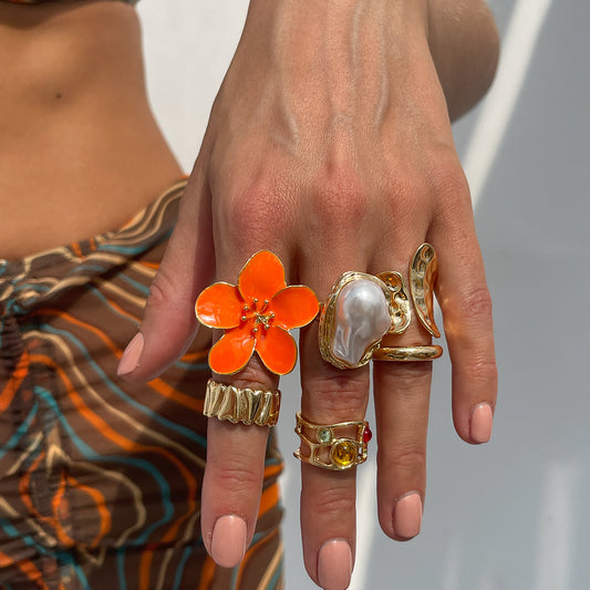 6-Piece Gold Chunky Stackable Ring Set Orange Enamel Flower & Baroque Pearl - Adjustable Open Finger V888-ELOSUNG44311