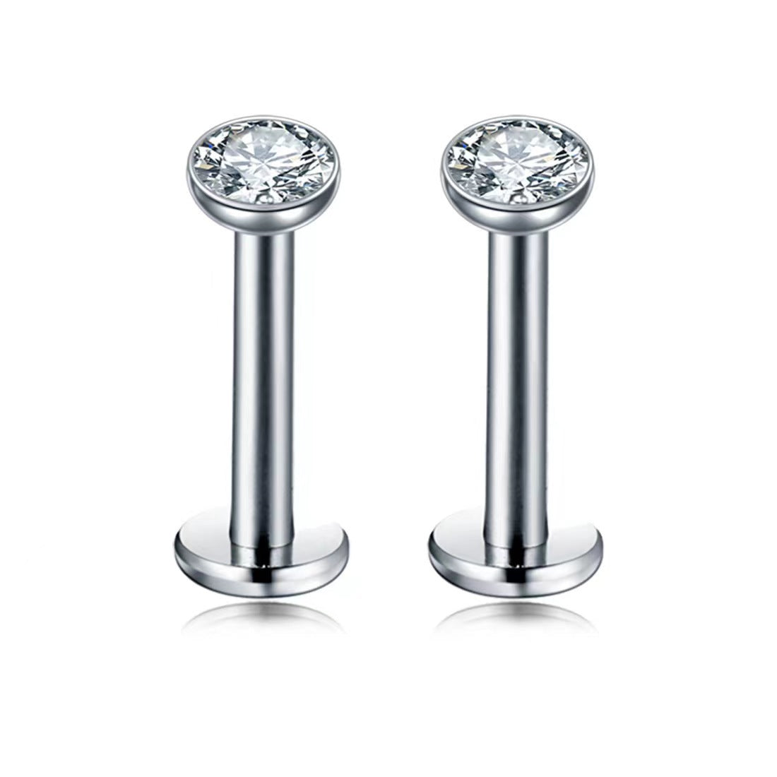 2 PCS Internally Threaded Labret Studs - 16G 8mm Stainless Steel Flat Back with 3mm CZ Crystal - Silver Tone V888-ELOSUNG44370