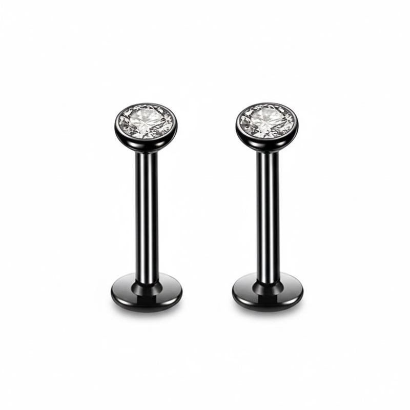 2 PCS Internally Threaded Labret Studs - 16G 8mm Stainless Steel Flat Back with 3mm CZ Crystal - Black Tone V888-ELOSUNG44371