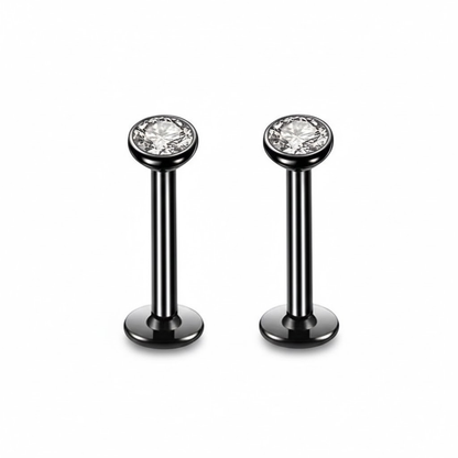 2 PCS Internally Threaded Labret Studs - 16G 8mm Stainless Steel Flat Back with 3mm CZ Crystal - Black Tone V888-ELOSUNG44371