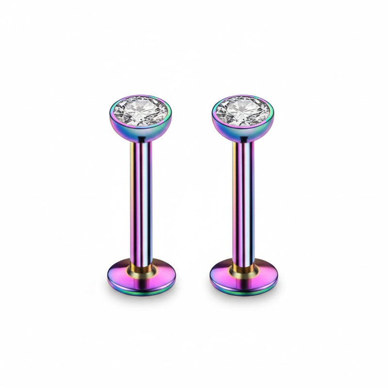 2 PCS Internally Threaded Labret Studs - 16G 8mm Stainless Steel Flat Back with 3mm CZ Crystal - Rainbow Tone V888-ELOSUNG44372