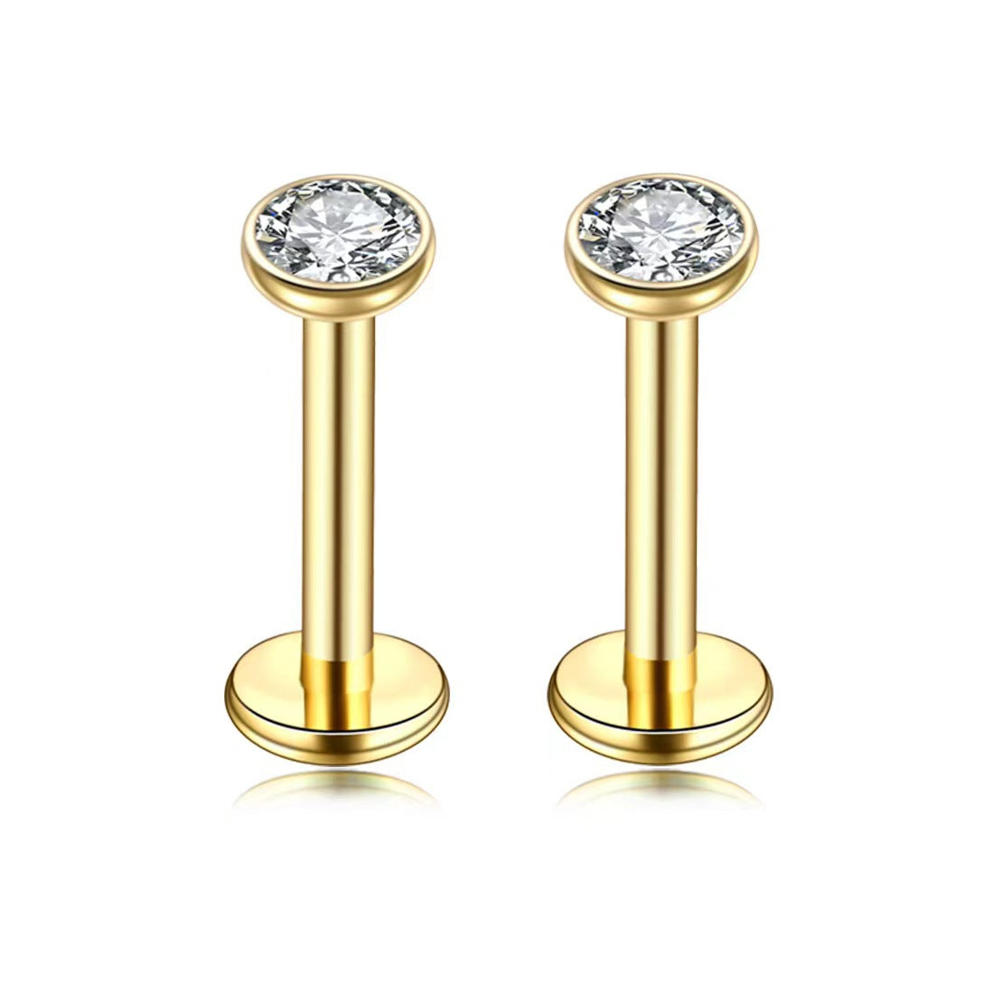 2 PCS Internally Threaded Labret Studs - 16G 8mm Stainless Steel Flat Back with 3mm CZ Crystal - Gold Tone V888-ELOSUNG44373
