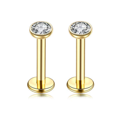 2 PCS Internally Threaded Labret Studs - 16G 8mm Stainless Steel Flat Back with 3mm CZ Crystal - Gold Tone V888-ELOSUNG44373