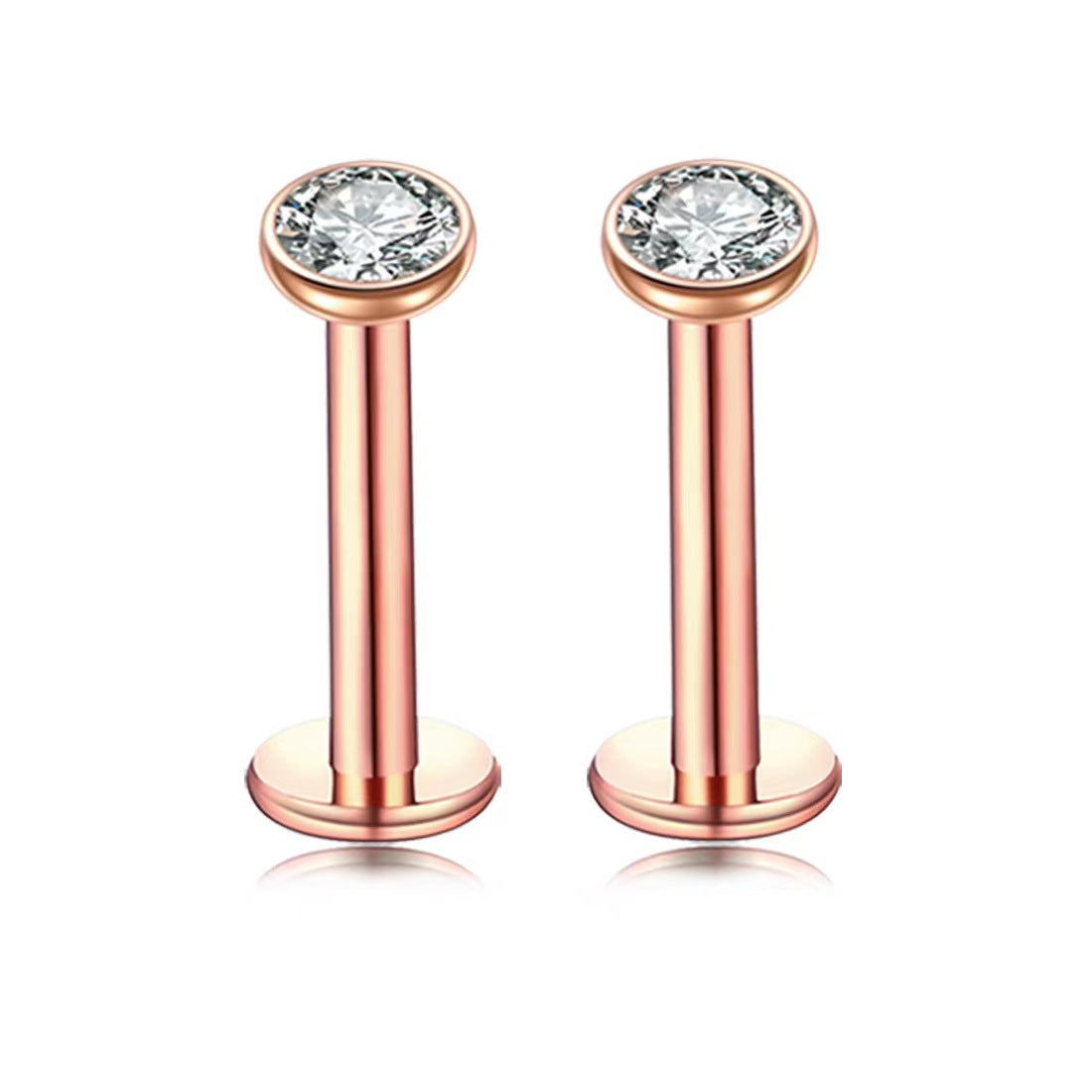 2 PCS Internally Threaded Labret Studs - 16G 8mm Stainless Steel Flat Back with 3mm CZ Crystal - Rose Gold V888-ELOSUNG44374