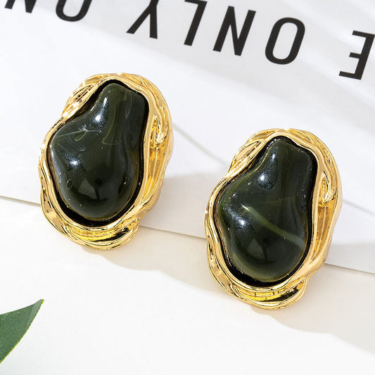 A Pair of Vintage Baroque Statement Earrings - Chunky Gold Tone Irregular Studs with Dark Green Faux Stone - V888-ELOSUNG44375