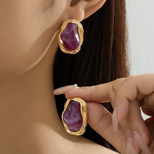 A Pair of Vintage Baroque Statement Earrings - Chunky Gold Tone Irregular Studs with Dark Green Faux Stone - V888-ELOSUNG44375