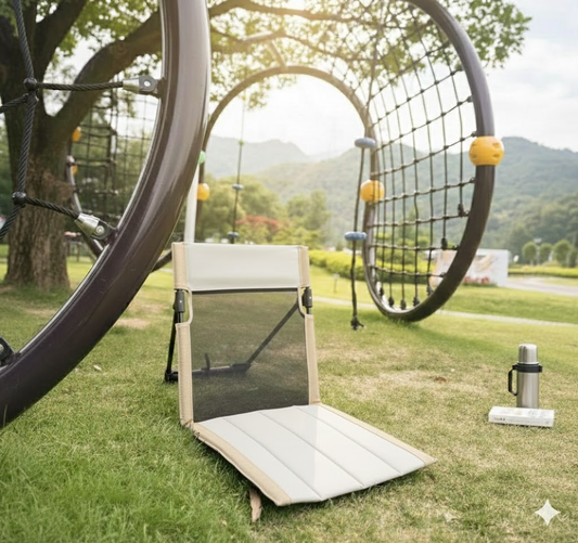 Portable Ground Chair with Back Support - Foldable Outdoor Floor Seat with Sturdy Iron Frame - Beige White V888-ELOSUNG44381