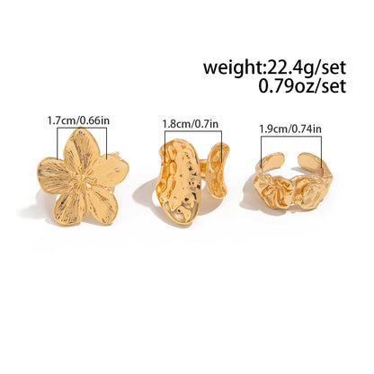 3-Piece Molten Gold Tone Ring Set - Vintage Baroque Flower & Abstract Liquid Metal Design - Adjustable Open V888-ELOSUNG44390