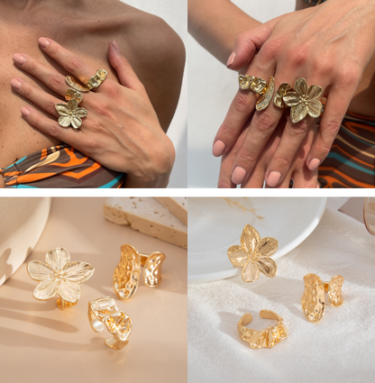 3-Piece Molten Gold Tone Ring Set - Vintage Baroque Flower & Abstract Liquid Metal Design - Adjustable Open V888-ELOSUNG44390