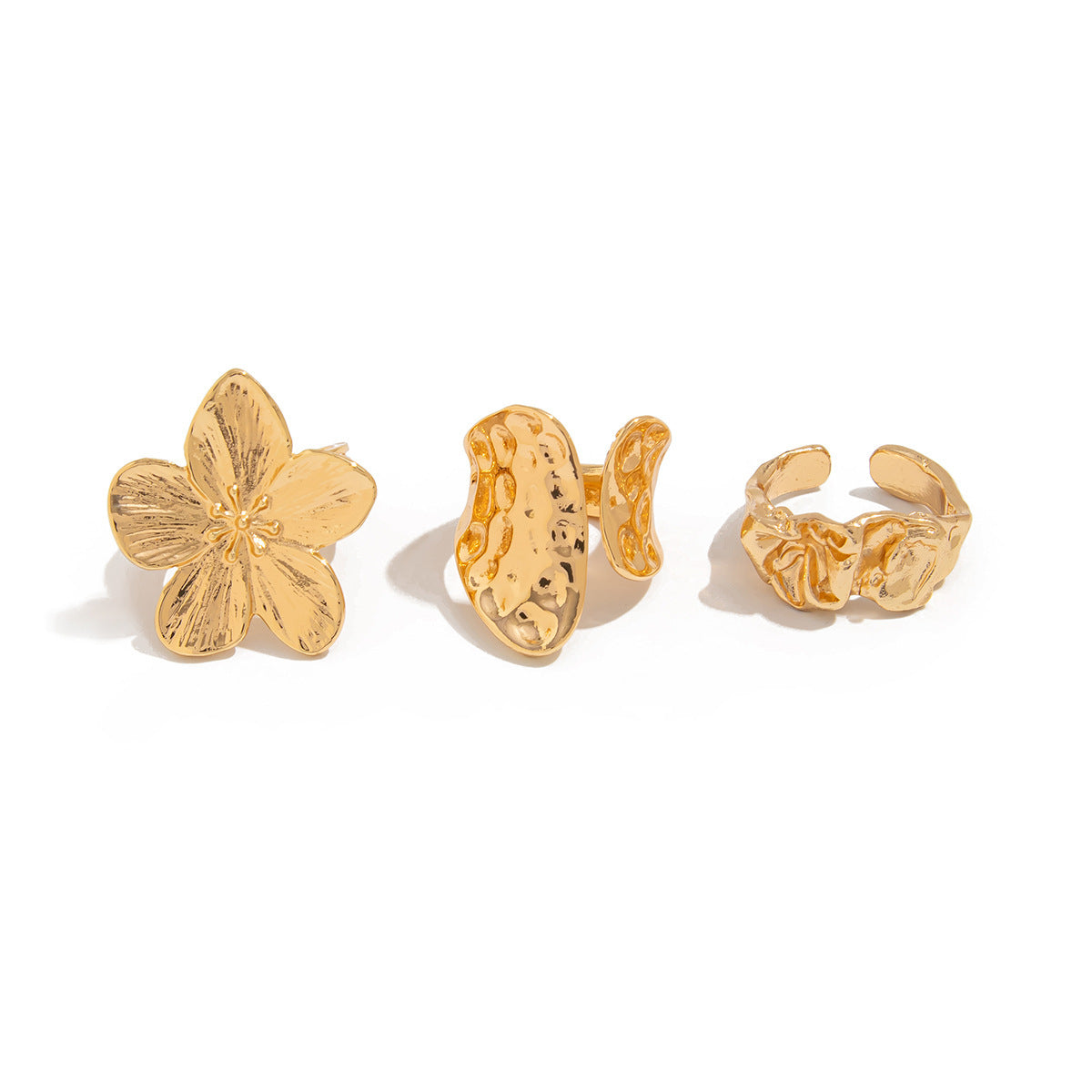3-Piece Molten Gold Tone Ring Set - Vintage Baroque Flower & Abstract Liquid Metal Design - Adjustable Open V888-ELOSUNG44390